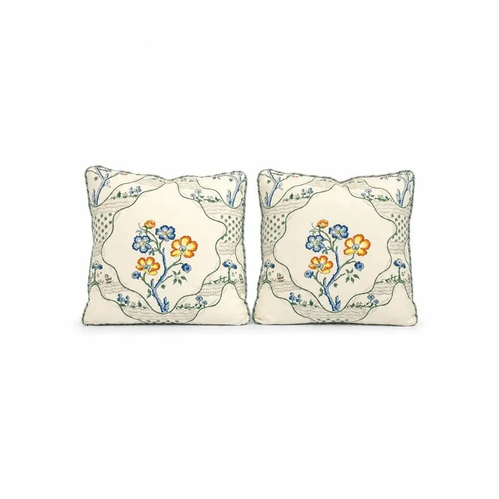 Pair of Custom Schumacher Marella Delft Embroidered Pillows 15x15 Down Inserts